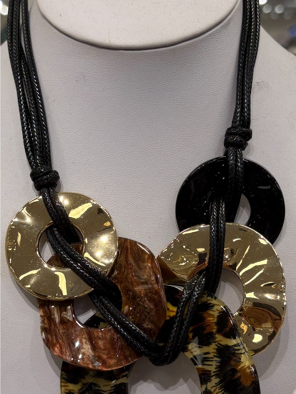 Statement Multi-Ring Necklace in Black, Gold and Tortoiseshell